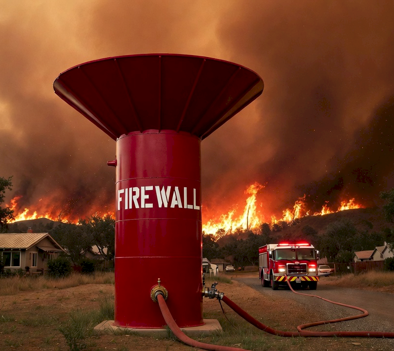 FIREWALL deployed — branded unit against wall of fire