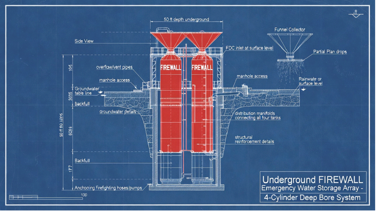 FIREWALL Underground Emergency Water Storage Array — 4-Cylinder Deep Bore System blueprint